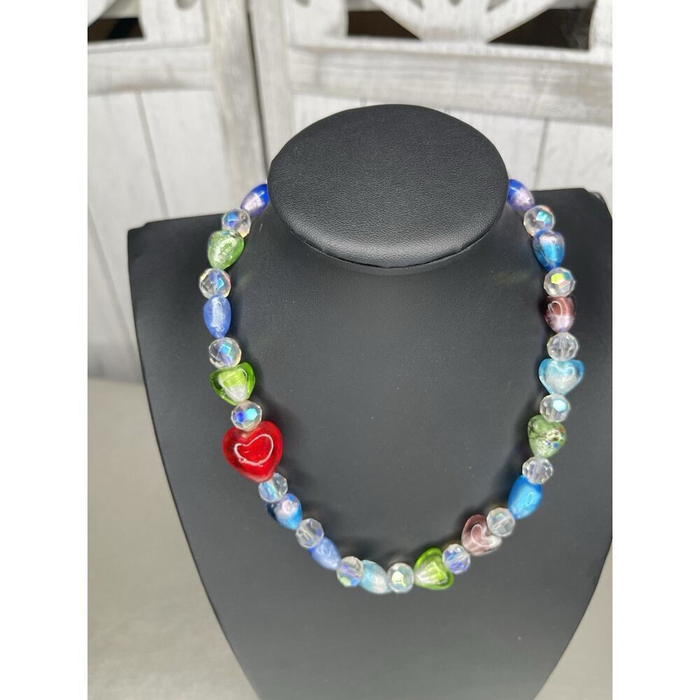 Vintage Heart Art Glass Necklace Statement Colorful Beads Blue Green